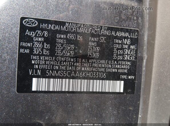 5NMS5CAA6KH033106 2019 HYUNDAI SANTA FE Gray Vista del compartimento del motor