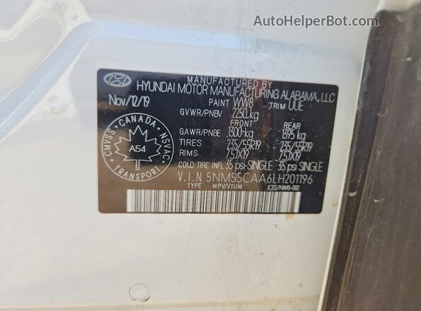 5NMS5CAA6LH201196 2020 HYUNDAI SANTA White Widok naklejki z numerem VIN