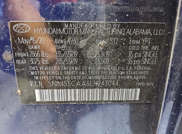 5NMS5CAA6LH243044 2020 HYUNDAI SANTA Blue Widok naklejki z numerem VIN