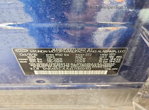 5NMS5CAA6LH300102 2020 HYUNDAI SANTA Blue Widok wnętrza 360 stopni