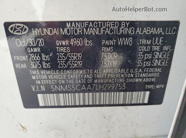 5NMS5CAA7LH299753 2020 HYUNDAI SANTA White VIN კოდის სტიკერის ხედი