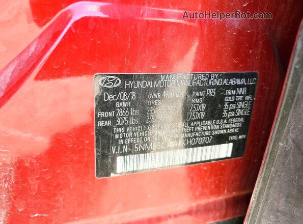 5NMS5CAA8KH070707 2019 HYUNDAI SANTA Red Widok naklejki z numerem VIN