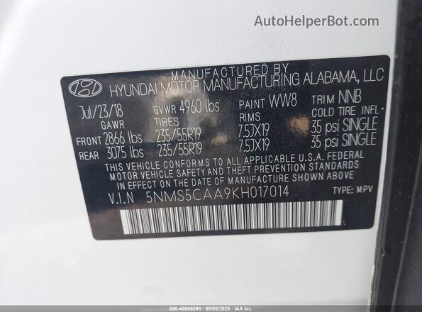 5NMS5CAA9KH017014 2019 HYUNDAI SANTA FE White Շարժիչի բաժամունքի տեսք
