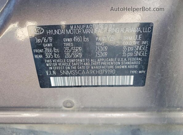 5NMS5CAA9KH079190 2019 HYUNDAI SANTA Brown VIN კოდის სტიკერის ხედი