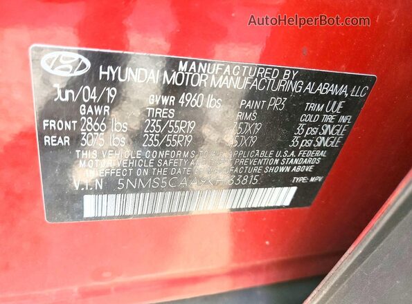 5NMS5CAA9KH133815 2019 HYUNDAI SANTA Темно-бордовый Вид наклейки с VIN-кодом