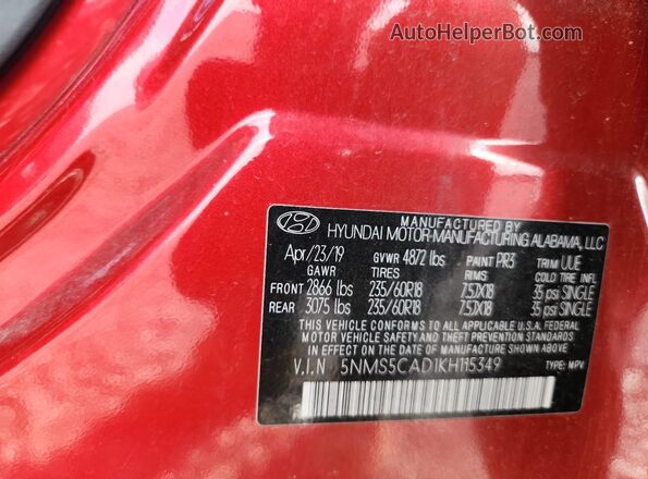 5NMS5CAD1KH115349 2019 HYUNDAI SANTA Красный Панорамный вид салона 360°