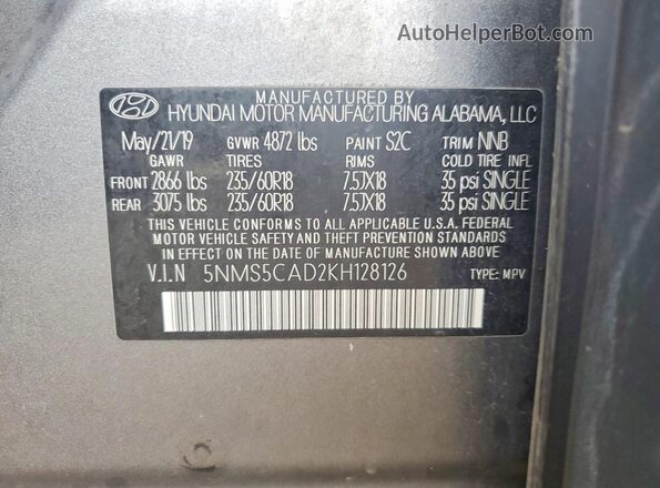 5NMS5CAD2KH128126 2019 HYUNDAI SANTA Gray Widok wnętrza 360 stopni