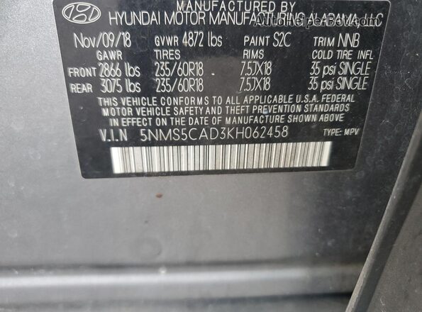5NMS5CAD3KH062458 2019 HYUNDAI SANTA Gray VIN sticker view