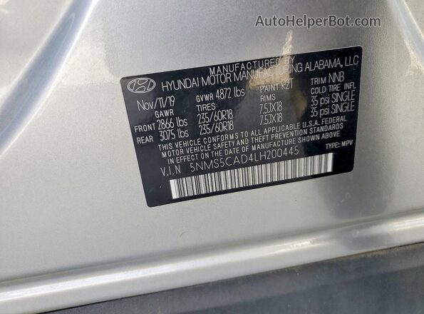 5NMS5CAD4LH200445 2020 HYUNDAI SANTA Silver VIN კოდის სტიკერის ხედი
