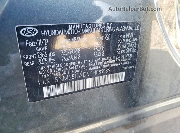5NMS5CAD5KH089189 2019 HYUNDAI SANTA Gray Widok naklejki z numerem VIN