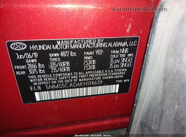 5NMS5CAD6KH134639 2019 HYUNDAI SANTA FE Orange ძრავის განყოფილების ხედი