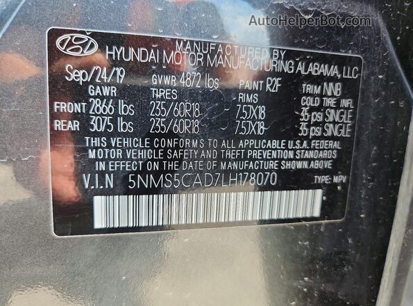 5NMS5CAD7LH178070 2020 HYUNDAI SANTA Gray VIN sticker view