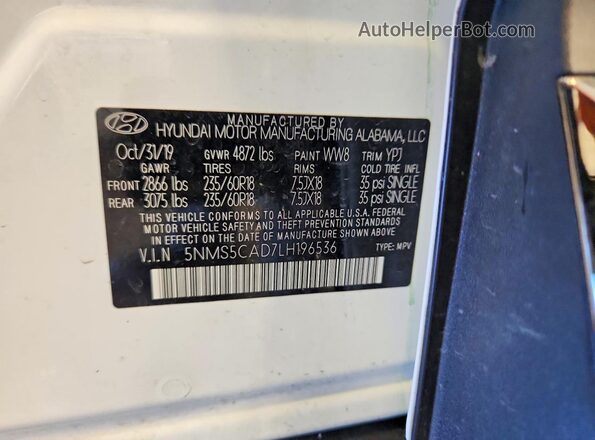 5NMS5CAD7LH196536 2020 HYUNDAI SANTA White VIN sticker view