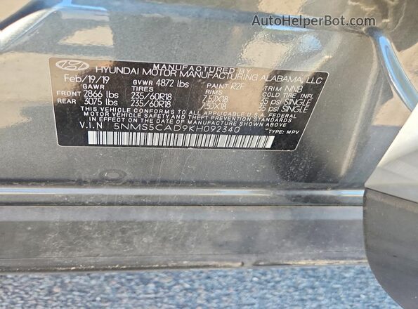 5NMS5CAD9KH092340 2019 HYUNDAI SANTA Gray Панорамний вид салону 360°