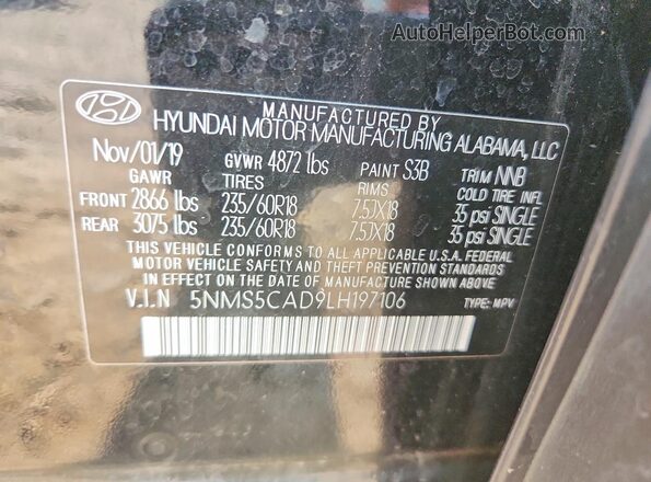 5NMS5CAD9LH197106 2020 HYUNDAI SANTA Black Vista de la etiqueta del VIN