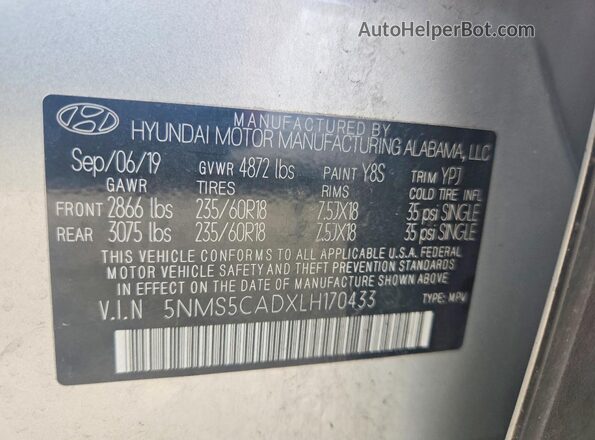 5NMS5CADXLH170433 2020 HYUNDAI SANTA Silver Widok naklejki z numerem VIN
