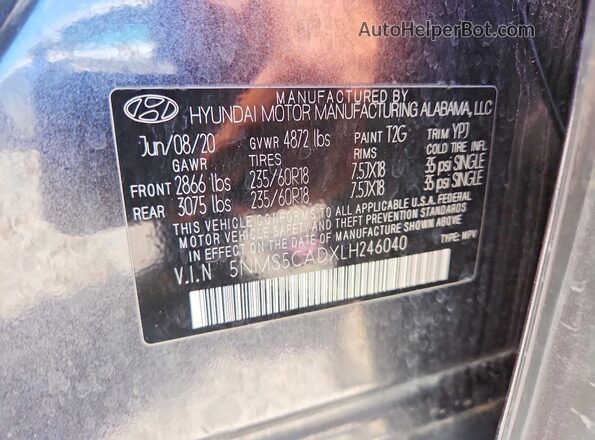 5NMS5CADXLH246040 2020 HYUNDAI SANTA Gray VIN კოდის სტიკერის ხედი