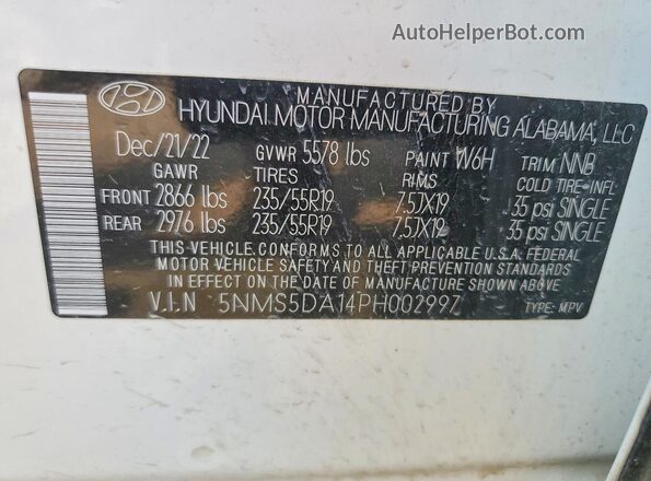 5NMS5DA14PH002997 2023 HYUNDAI SANTA White Вид наклейки з VIN-кодом