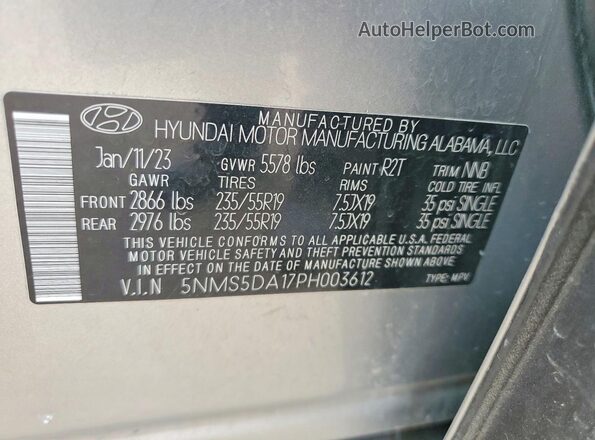 5NMS5DA17PH003612 2023 HYUNDAI SANTA Silver Панорамний вид салону 360°