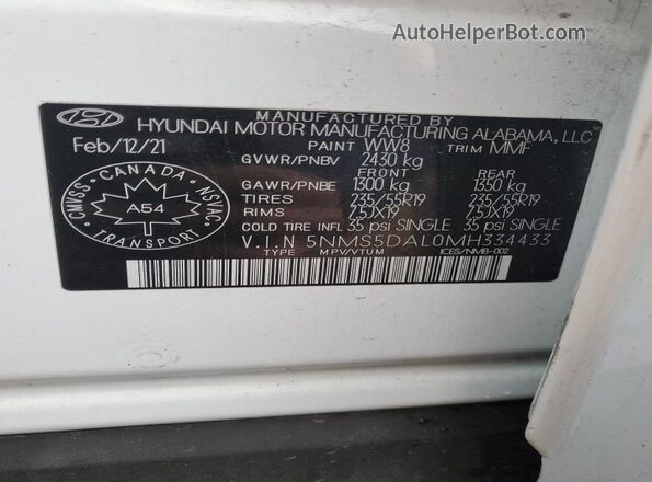 5NMS5DAL0MH334433 2021 HYUNDAI SANTA White 