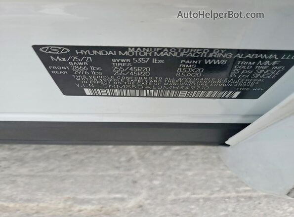 5NMS5DAL0MH349210 2021 HYUNDAI SANTA White Vista de la etiqueta del VIN
