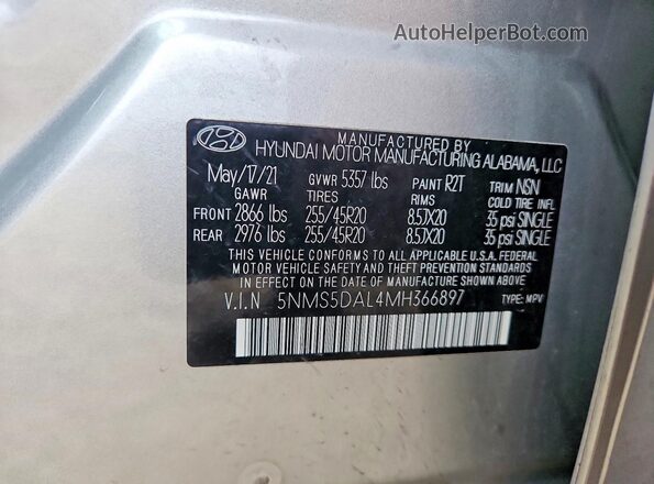 5NMS5DAL4MH366897 2021 HYUNDAI SANTA Gray Вид наклейки з VIN-кодом
