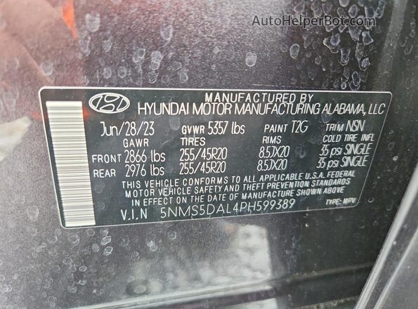 5NMS5DAL4PH599389 2023 HYUNDAI SANTA Gray VIN კოდის სტიკერის ხედი