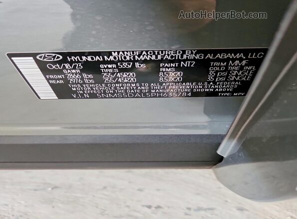 5NMS5DAL5PH635784 2023 HYUNDAI SANTA Gray Widok naklejki z numerem VIN