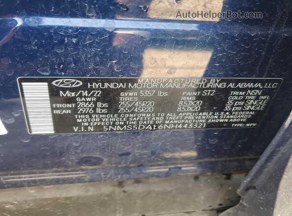 5NMS5DAL6NH443321 2022 HYUNDAI SANTA Blue Widok komory silnika