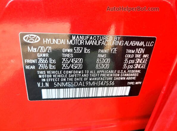 5NMS5DAL9MH347536 2021 HYUNDAI SANTA Red Սալոնի 360 աստիճան տեսք