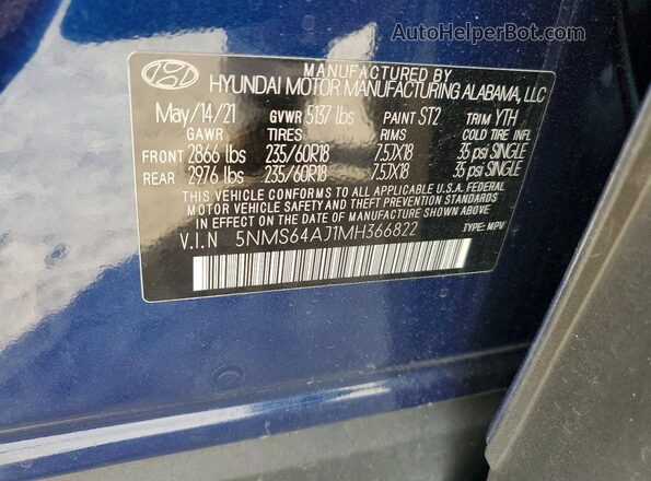 5NMS64AJ1MH366822 2021 HYUNDAI SANTA Blue Widok wnętrza 360 stopni