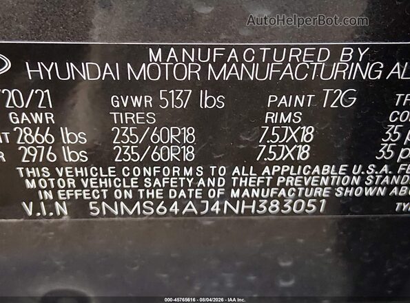 5NMS64AJ4NH383051 2022 HYUNDAI SANTA FE Gray Vista del compartimento del motor