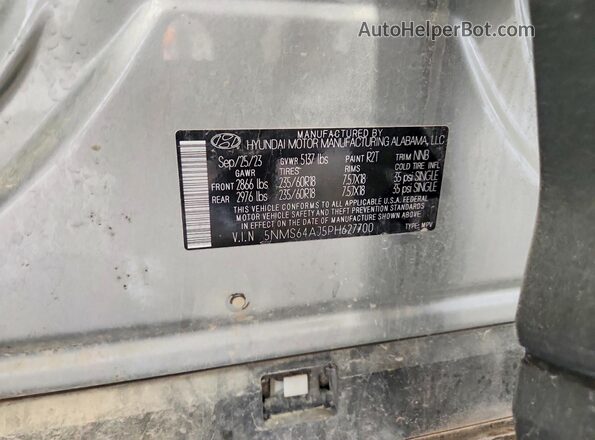 5NMS64AJ5PH627700 2023 HYUNDAI SANTA Silver Widok naklejki z numerem VIN