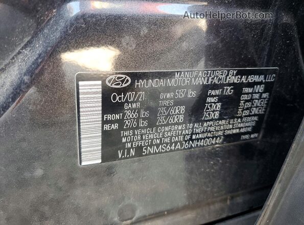 5NMS64AJ6NH400447 2022 HYUNDAI SANTA Gray Vista interior de 360 grados