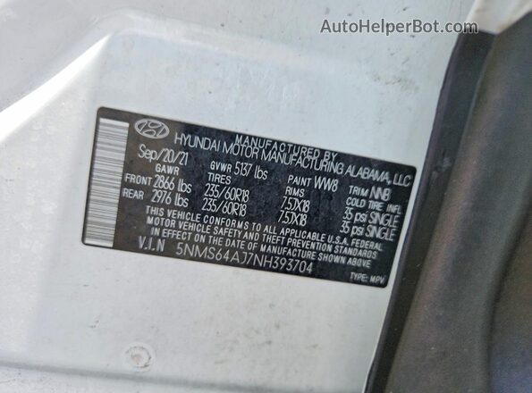 5NMS64AJ7NH393704 2022 HYUNDAI SANTA White Vista de la etiqueta del VIN