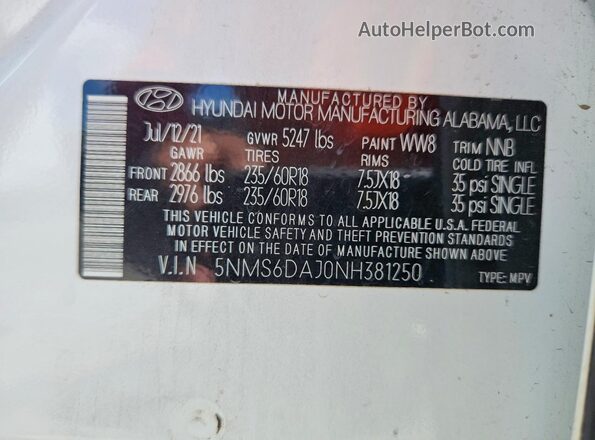 5NMS6DAJ0NH381250 2022 HYUNDAI SANTA White VIN կոդի պիտակի տեսք
