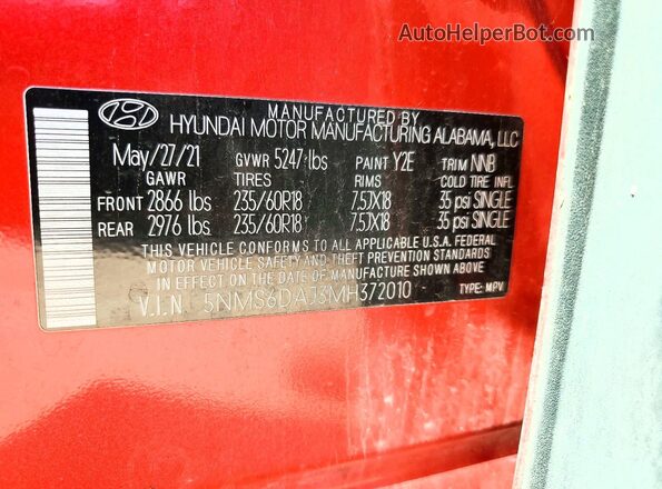 5NMS6DAJ3MH372010 2021 HYUNDAI SANTA Red Панорамний вид салону 360°