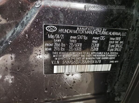 5NMS6DAJ5MH341678 2021 HYUNDAI SANTA Gray Սալոնի 360 աստիճան տեսք