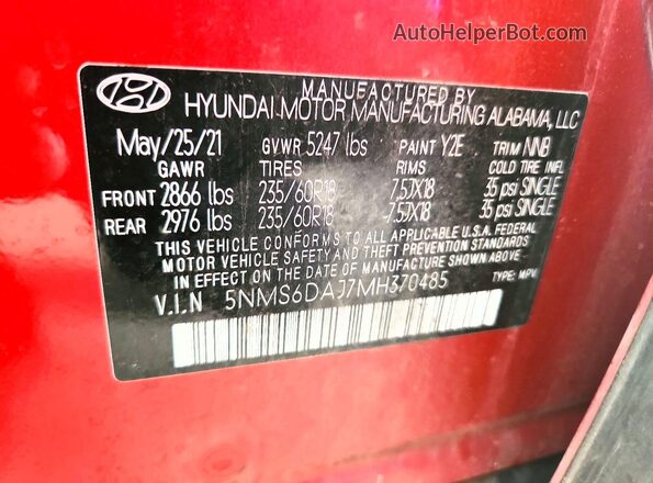 5NMS6DAJ7MH370485 2021 HYUNDAI SANTA Red VIN კოდის სტიკერის ხედი