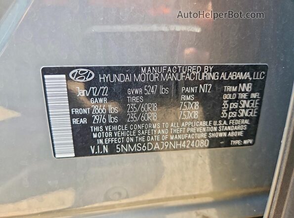 5NMS6DAJ9NH424080 2022 HYUNDAI SANTA Gray VIN sticker view