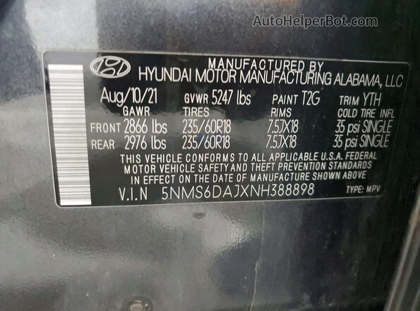 5NMS6DAJXNH388898 2022 HYUNDAI SANTA Gray Widok wnętrza 360 stopni