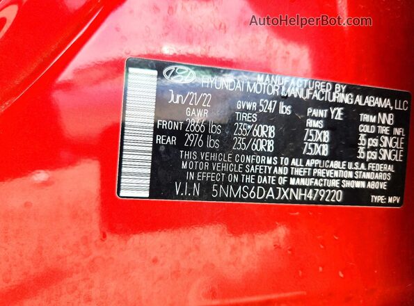5NMS6DAJXNH479220 2022 HYUNDAI SANTA Red Вид підкапотного простору