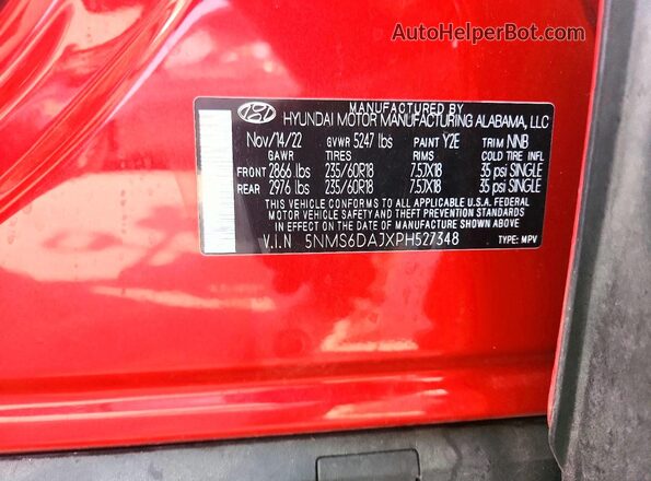 5NMS6DAJXPH527348 2023 HYUNDAI SANTA Red Vista de la etiqueta del VIN