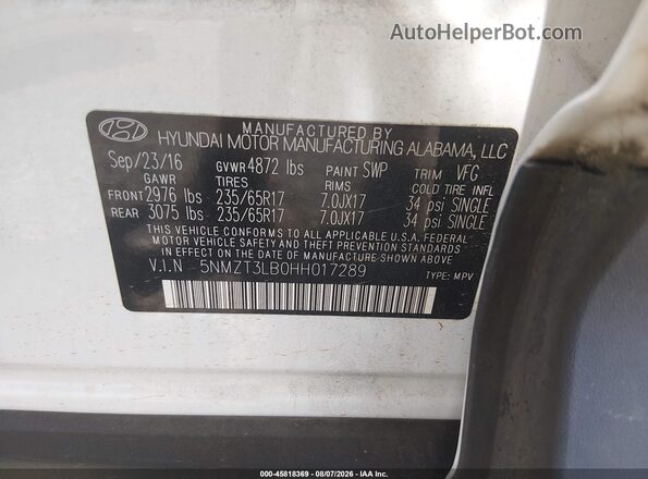 5NMZT3LB0HH017289 2017 HYUNDAI SANTA FE SPORT Белый Вид подкапотного пространства