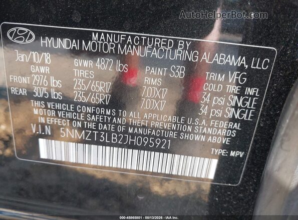 5NMZT3LB2JH095921 2018 HYUNDAI SANTA FE SPORT Black Widok komory silnika