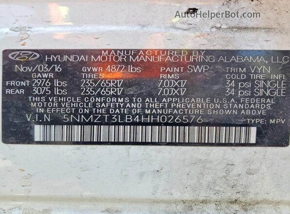 5NMZT3LB4HH026576 2017 HYUNDAI SANTA White Widok naklejki z numerem VIN