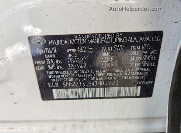 5NMZT3LB4JH053573 2018 HYUNDAI SANTA White Widok naklejki z numerem VIN