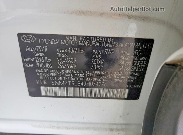 5NMZT3LB4JH074276 2018 HYUNDAI SANTA White VIN კოდის სტიკერის ხედი