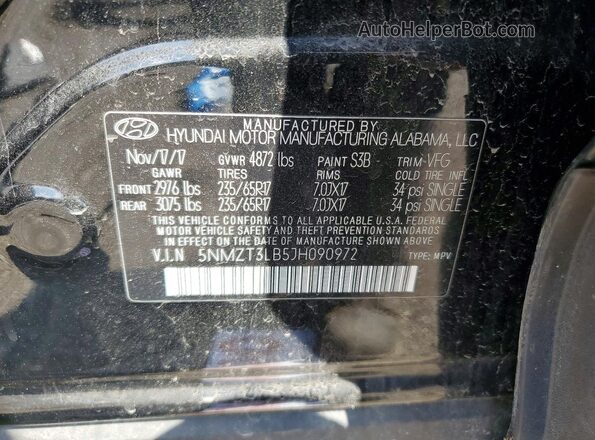 5NMZT3LB5JH090972 2018 HYUNDAI SANTA Black Vista de la etiqueta del VIN
