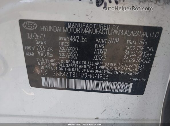 5NMZT3LB7JH071906 2018 HYUNDAI SANTA FE SPORT Белый Вид подкапотного пространства